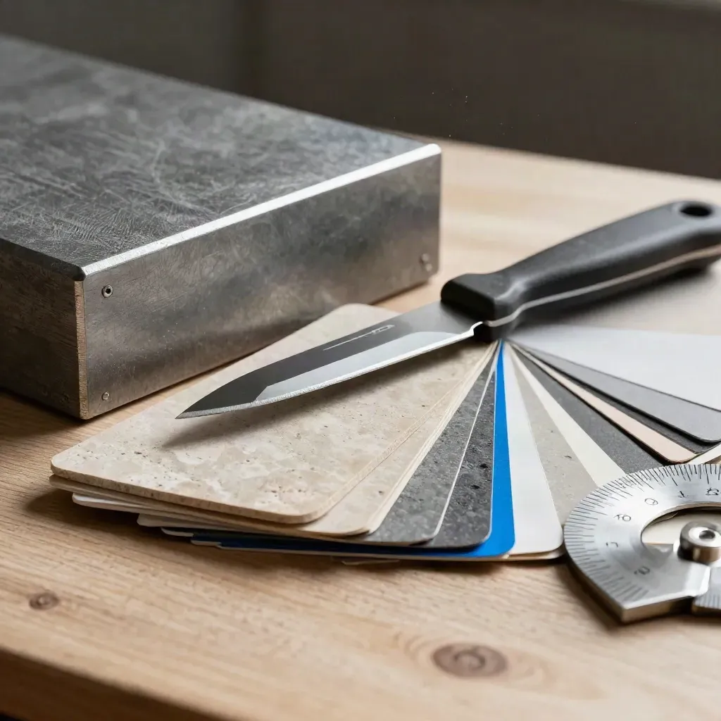 Architect sample block, knife, and swatches on pale wood in dramatic studio light.