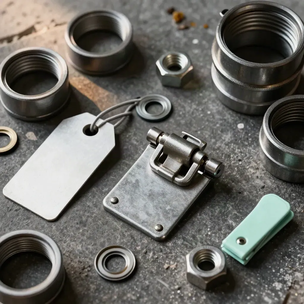 Construction site hardware flat lay with cable glands, tags, and a steel latch on dark stone.