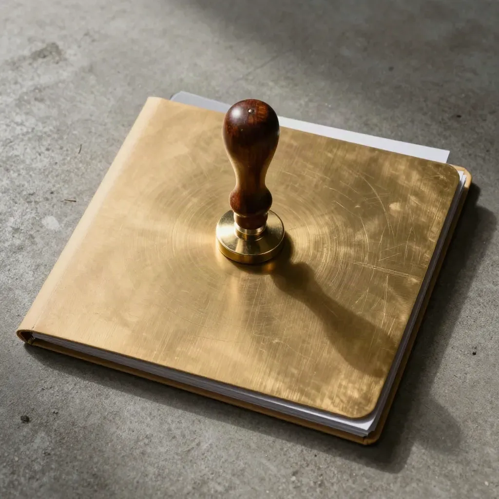 Brass legal paperweight, desk seal, and archive folder on brushed concrete in extreme macro.