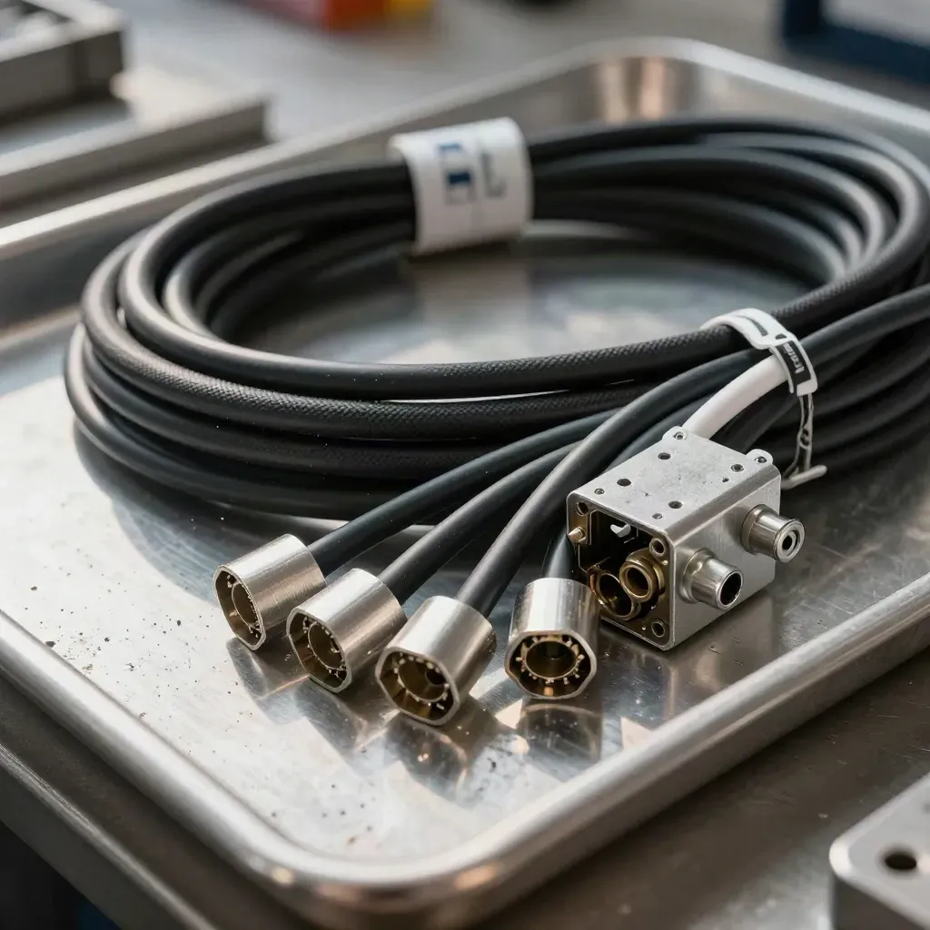 Rail cable harness, metal connector block, and tray on a steel bench in soft daylight.