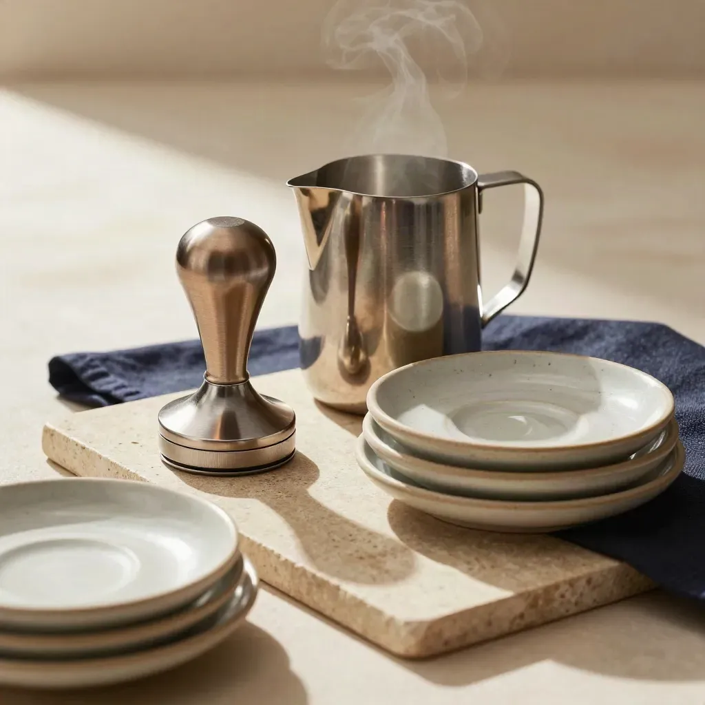 Macro of espresso tamper, milk jug and saucer stack on stone with soft haze.