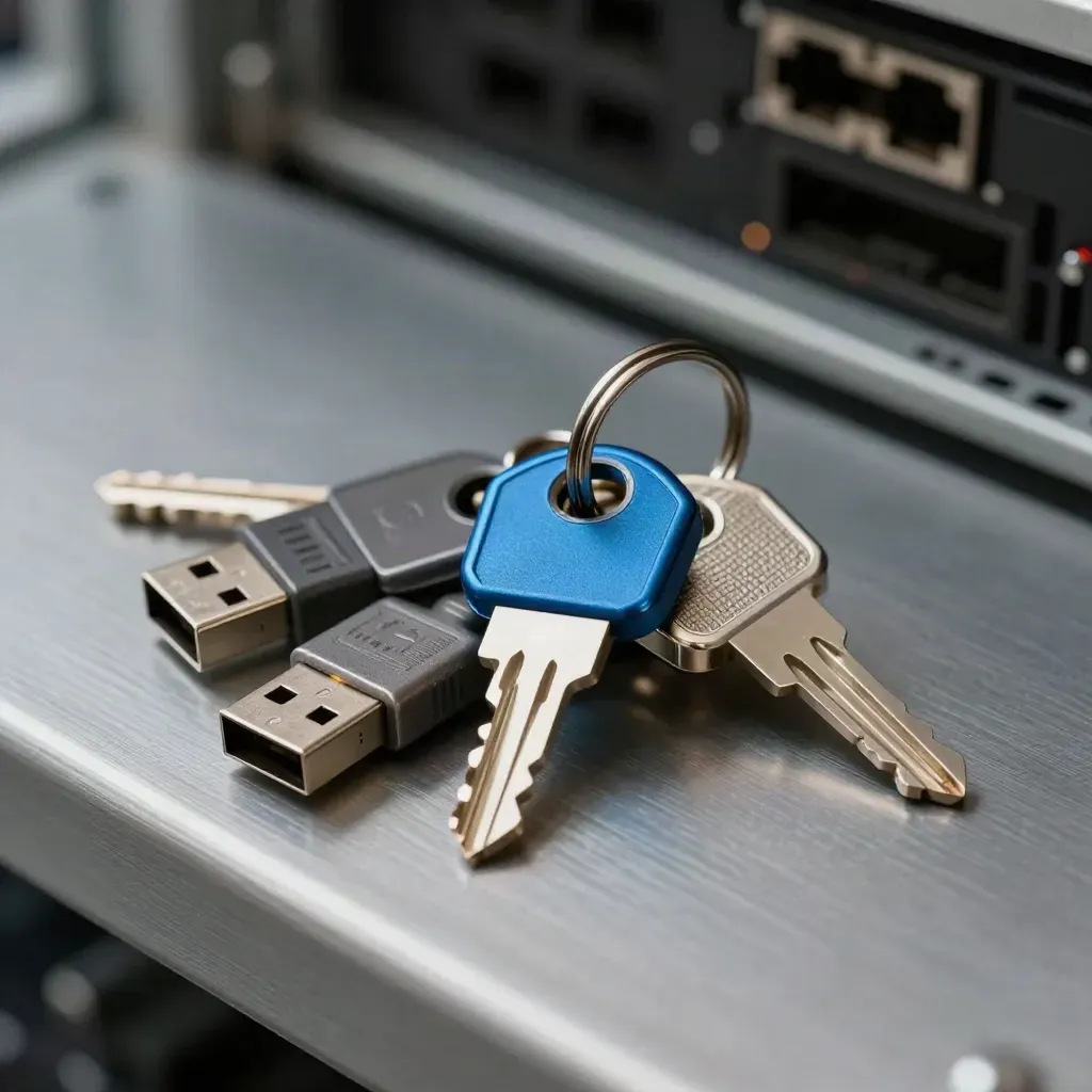 USB security keys, ethernet couplers, and blank metal tags on a dark metal shelf.