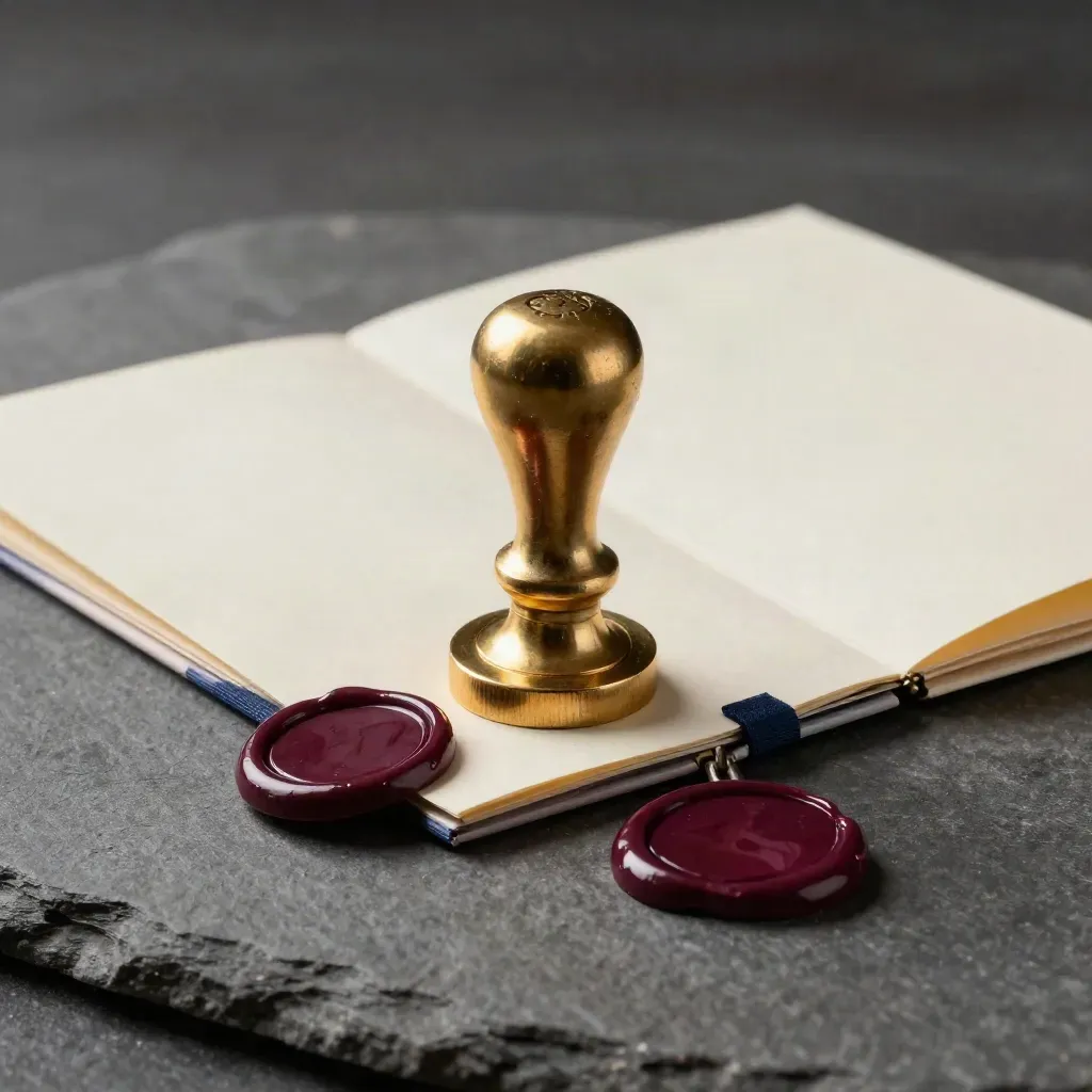Brass seal press, incorporation folder and cooling wax seals on graphite stone.