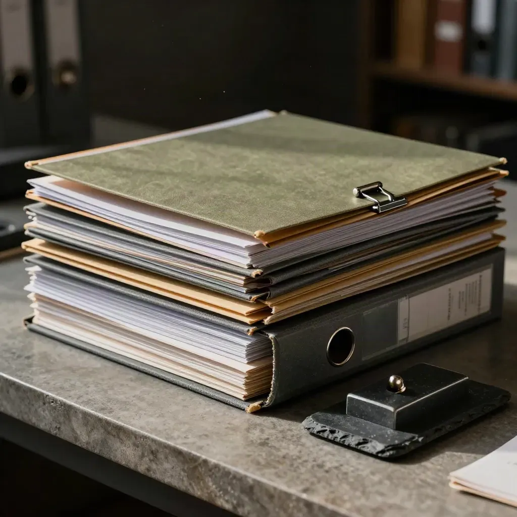 Tabbed archive folders pinned by a metal clip and slate weight on a stone ledge