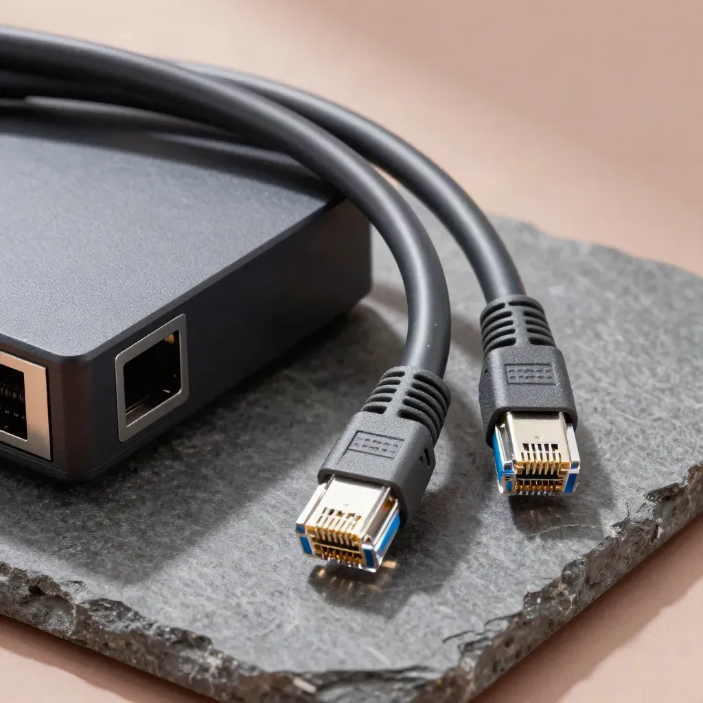 Coiled ethernet cable, router block, and two RJ45 plugs in a dramatic macro