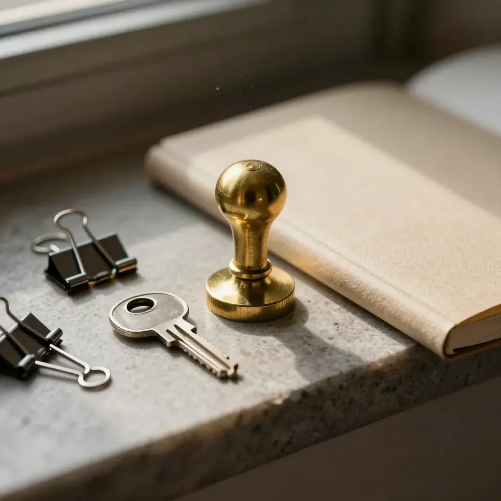 Brass seal, house key, notebook and file clips on limestone with soft daylight, shot through packing paper.