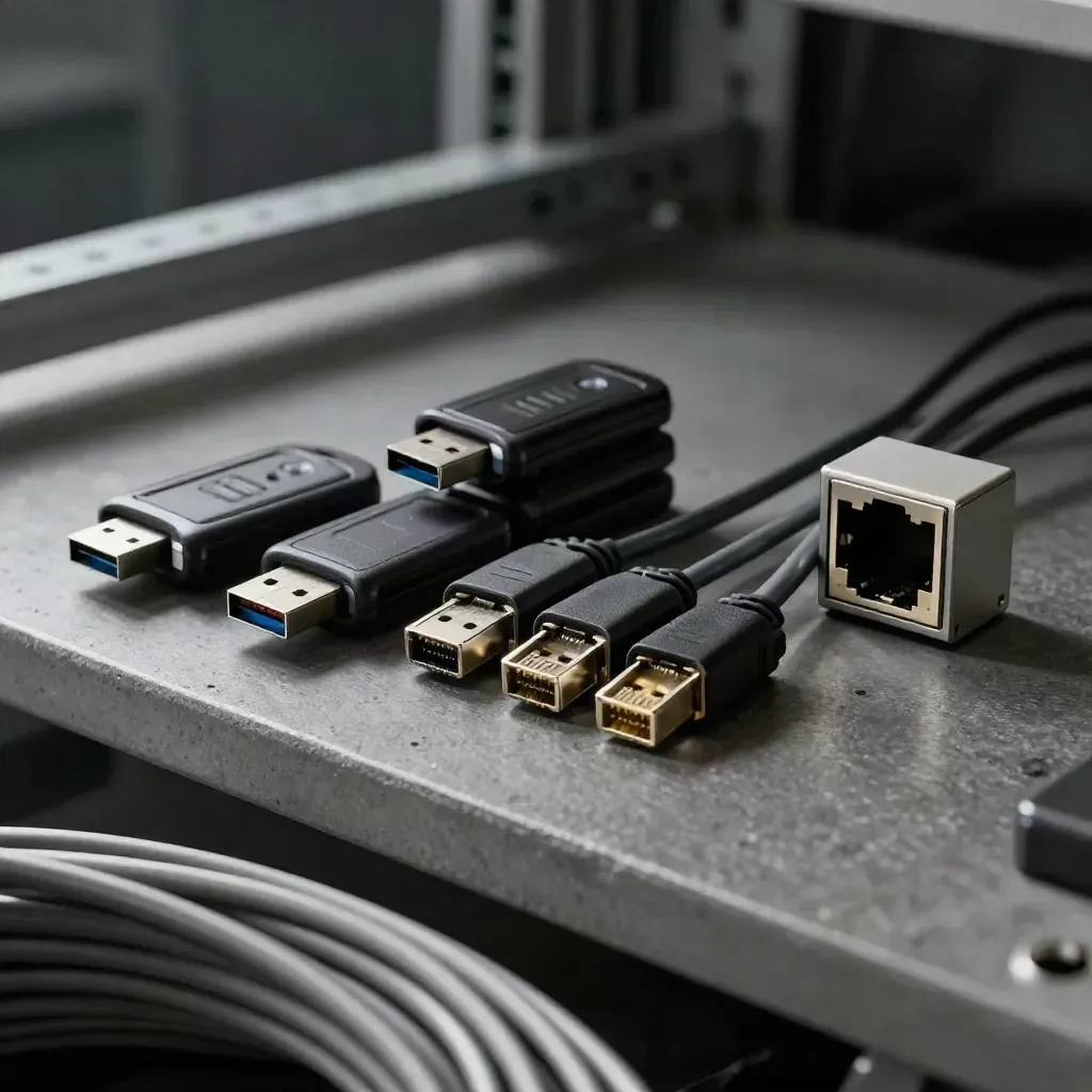 USB keys, ethernet couplers and cable clips on a concrete shelf in dramatic studio light