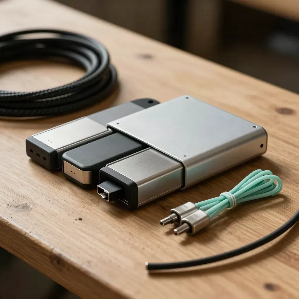 Coiled cable frames a launch handover pack of drives, mint ties, and an aluminium case on a dusty oak bench.