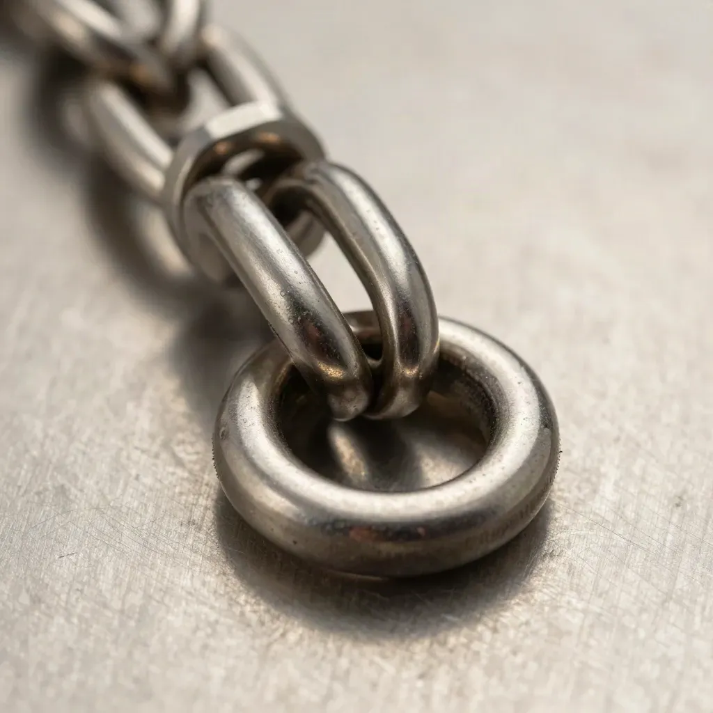 Macro of linked steel rings, a knurled connector and machined block on brushed steel.