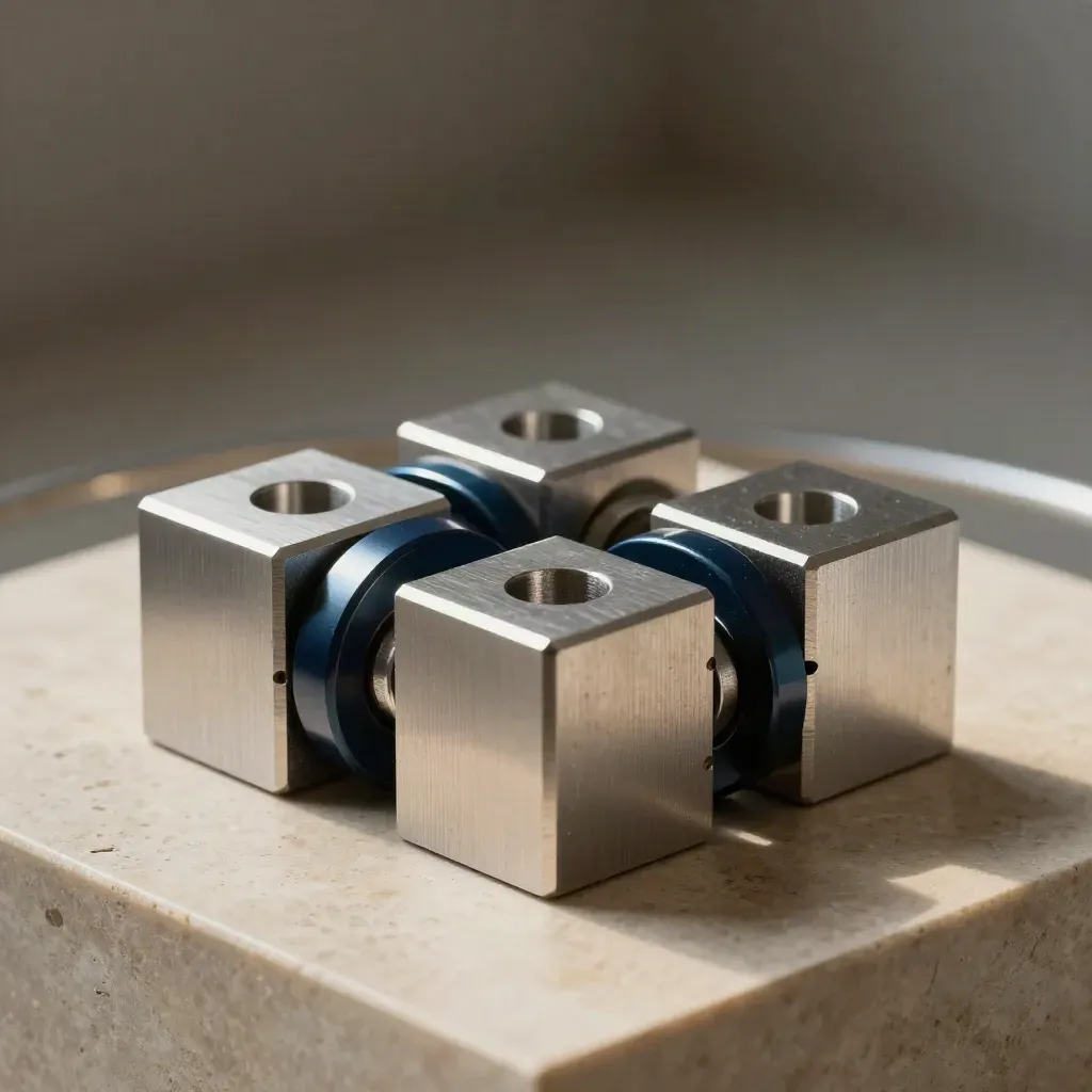 Modular aluminium blocks and a precision coupler on a warm limestone plinth in dramatic light.