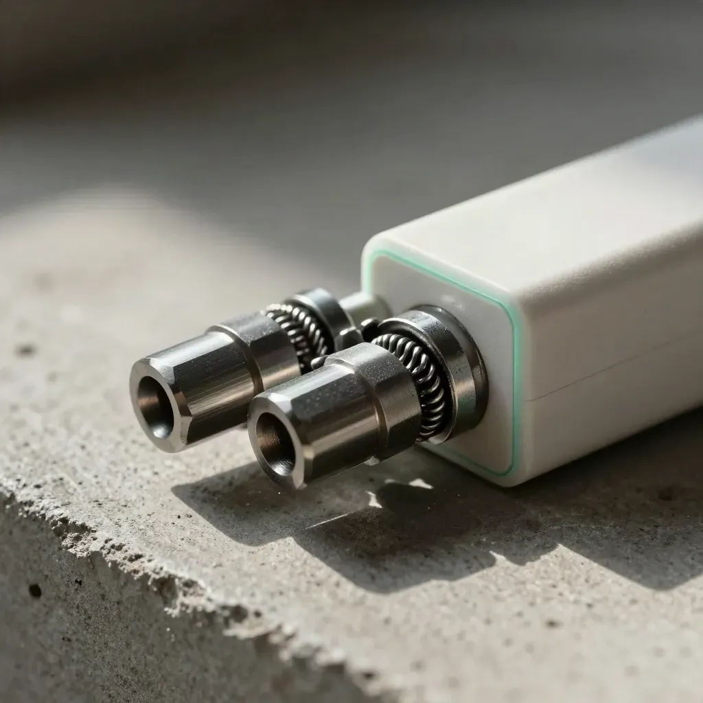 Macro of cable ends, clamp and adapter block on cool stone with dust and soft rim light