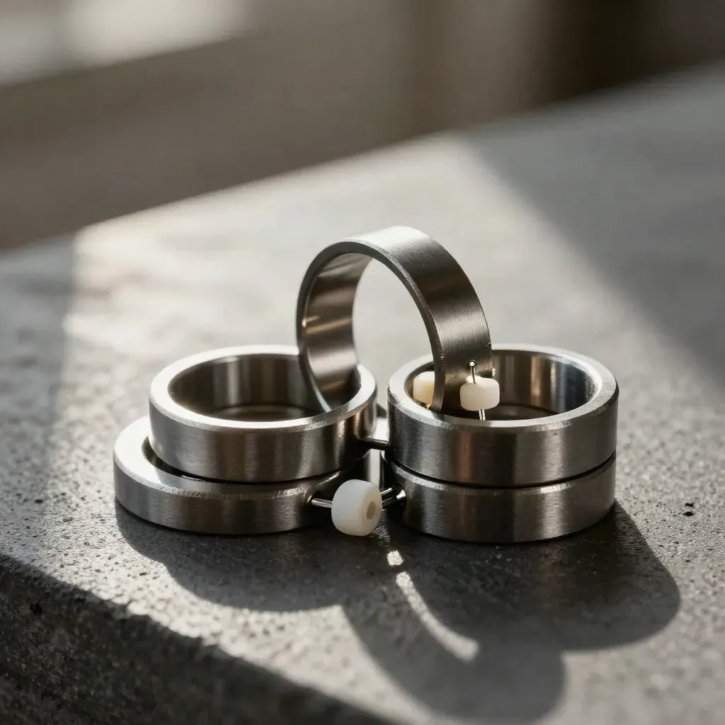 Machined rings, plates and connector pins on charcoal concrete, lit by soft side daylight.